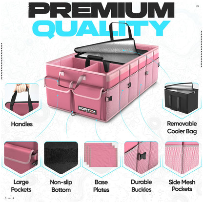 FORTEM Car Trunk Organizer, Collapsible Multi Compartment Car Organizer, Foldable SUV Storage for Car Accessories for Women Men, Non Slip Bottom, Securing Straps, Soft Cover 50L (Black, Standard)