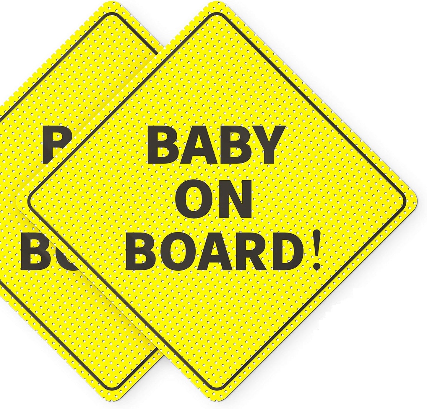 Baby On Board Sticker Sign - Essential for Cars - 5" by 5" - 2 Pack - Bright Yellow and SEE-THROUGH when Reversing - Best Safety Signs for Your Kids - Non-Magnetic Sticker - Durable and Strong Adhesive