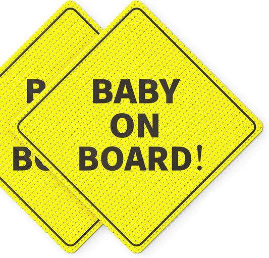 Baby On Board Sticker Sign - Essential for Cars - 5" by 5" - 2 Pack - Bright Yellow and SEE-THROUGH when Reversing - Best Safety Signs for Your Kids - Non-Magnetic Sticker - Durable and Strong Adhesive