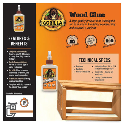 Gorilla Glue Wood Glue, Indoor & Outdoor Carpentry Projects, Paintable, Sandable, Moisture Resistant, Clamping, Natural Color, 4oz/118mL (Pack of 1), 6212001