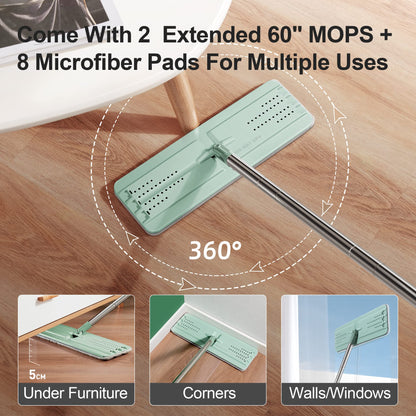 JOYMOOP Wischmopp und Eimer mit Auswringsystem, Freihand-Flachmopp und Eimer, mit 3 waschbaren Mikrofaserpads, Nass- und Trockengebrauch, Bodenreinigungssystem