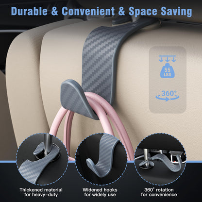 Amooca 4-Pack Car Headrest Hooks Vehicle Storage Organizer for Purses Handbags Groceries Backpack Coats –Holds 55lbs 360° Rotating Black