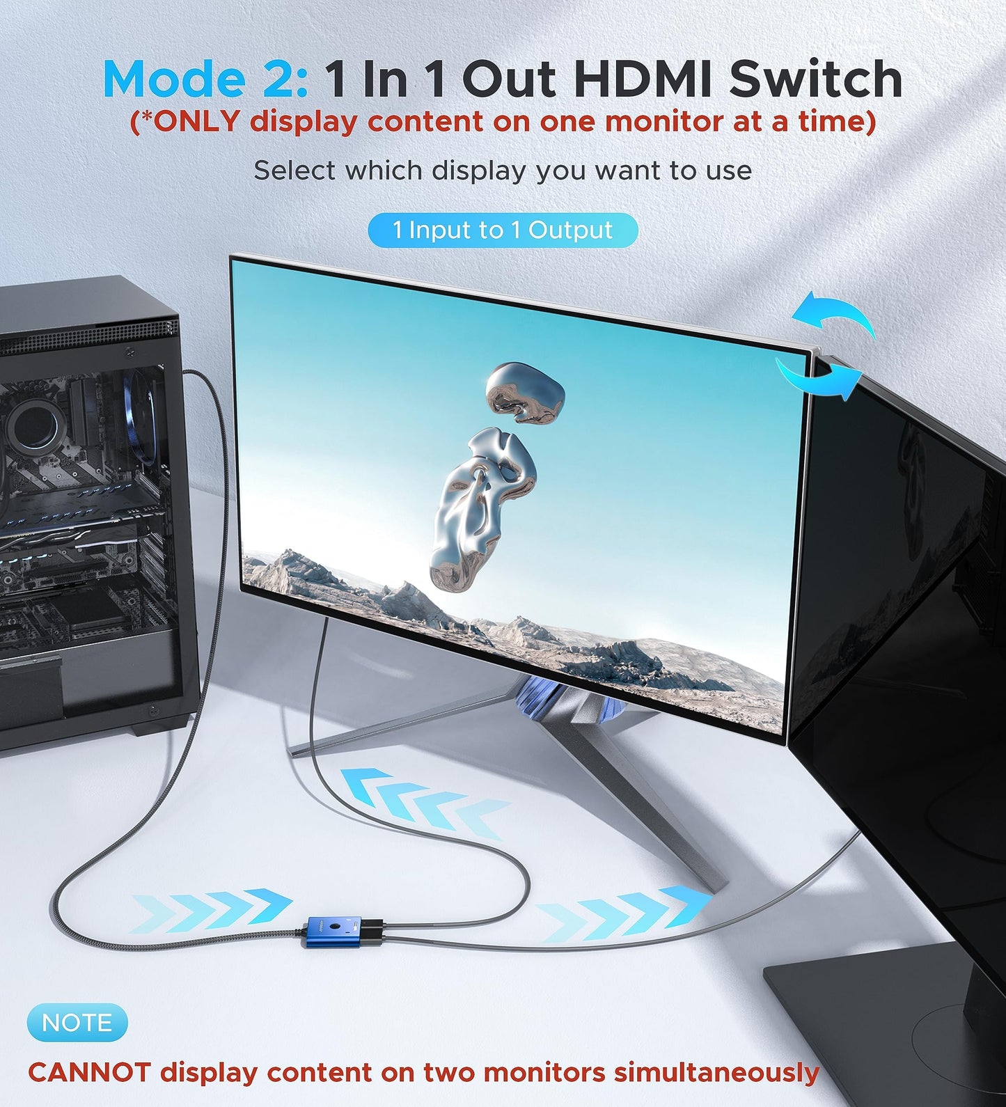 HDMI-Umschalter 2 Eingänge 1 Ausgang 4K@60Hz, WARRKY [mit 1m festem geflochtenen HDMI-Kabel, Aluminiumgehäuse, 2K@144Hz, HDCP 2.2] Bidirektionaler 2x1 Switcher Splitter kompatibel mit PS5/4, Xbox, Roku, FireStick, Switch