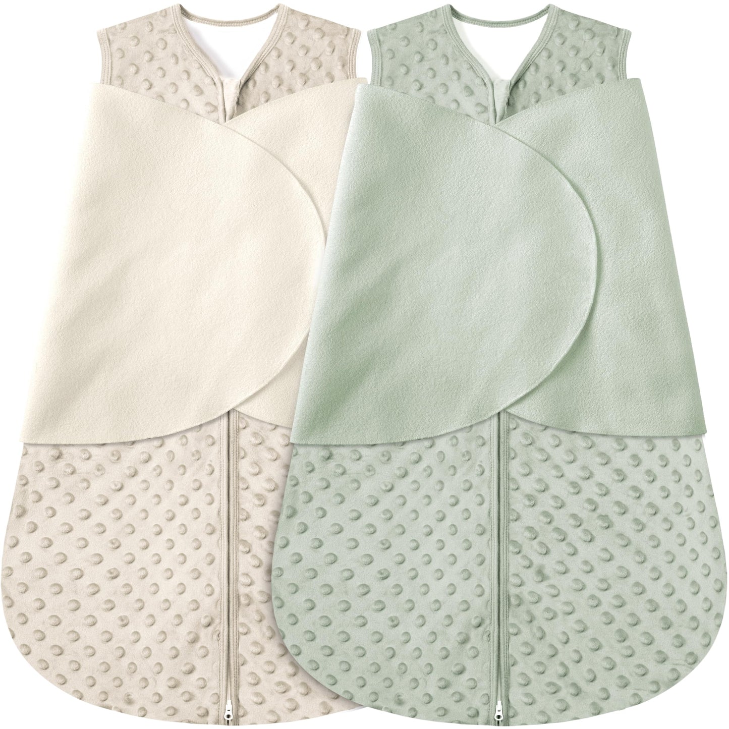 BSTOPPT Fleece Newborn Sleep Sack Baby Swaddle,3-Way Adjustable Wearable Blanket,2 Pack Fleece Swaddling sleeping bag TOG 2.0， (Blue&Green, 0-3 Months)