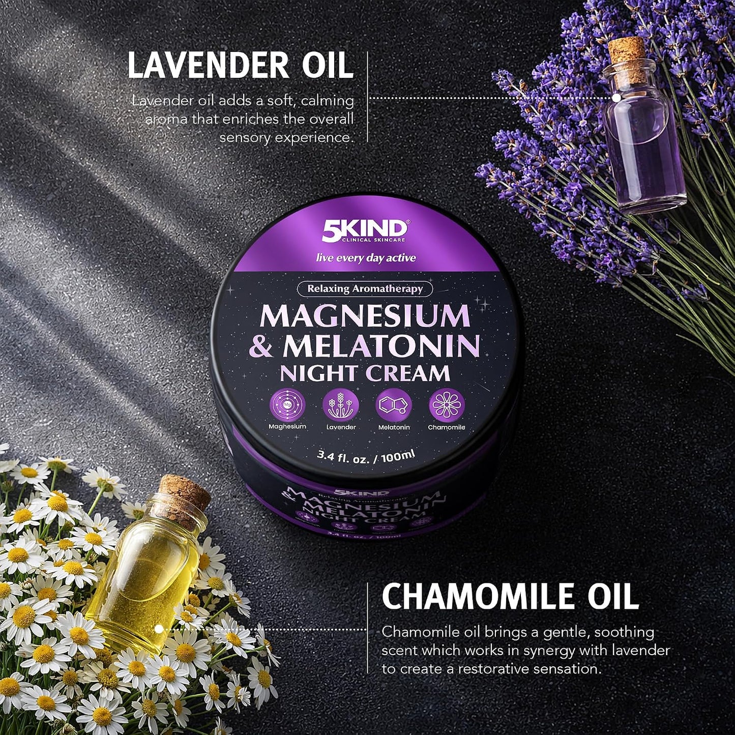 5Kind Melatonin & Magnesium Sleep Cream 3.4 fl oz - Magnesium Lotion for Sleep - Relaxing Lavender & Chamomile Magnesium Cream for Sleep - Infused with Lavender Essential Oils - Natural Sleep Aid