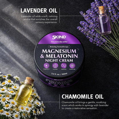 5Kind Melatonin & Magnesium Sleep Cream 3.4 fl oz - Magnesium Lotion for Sleep - Relaxing Lavender & Chamomile Magnesium Cream for Sleep - Infused with Lavender Essential Oils - Natural Sleep Aid