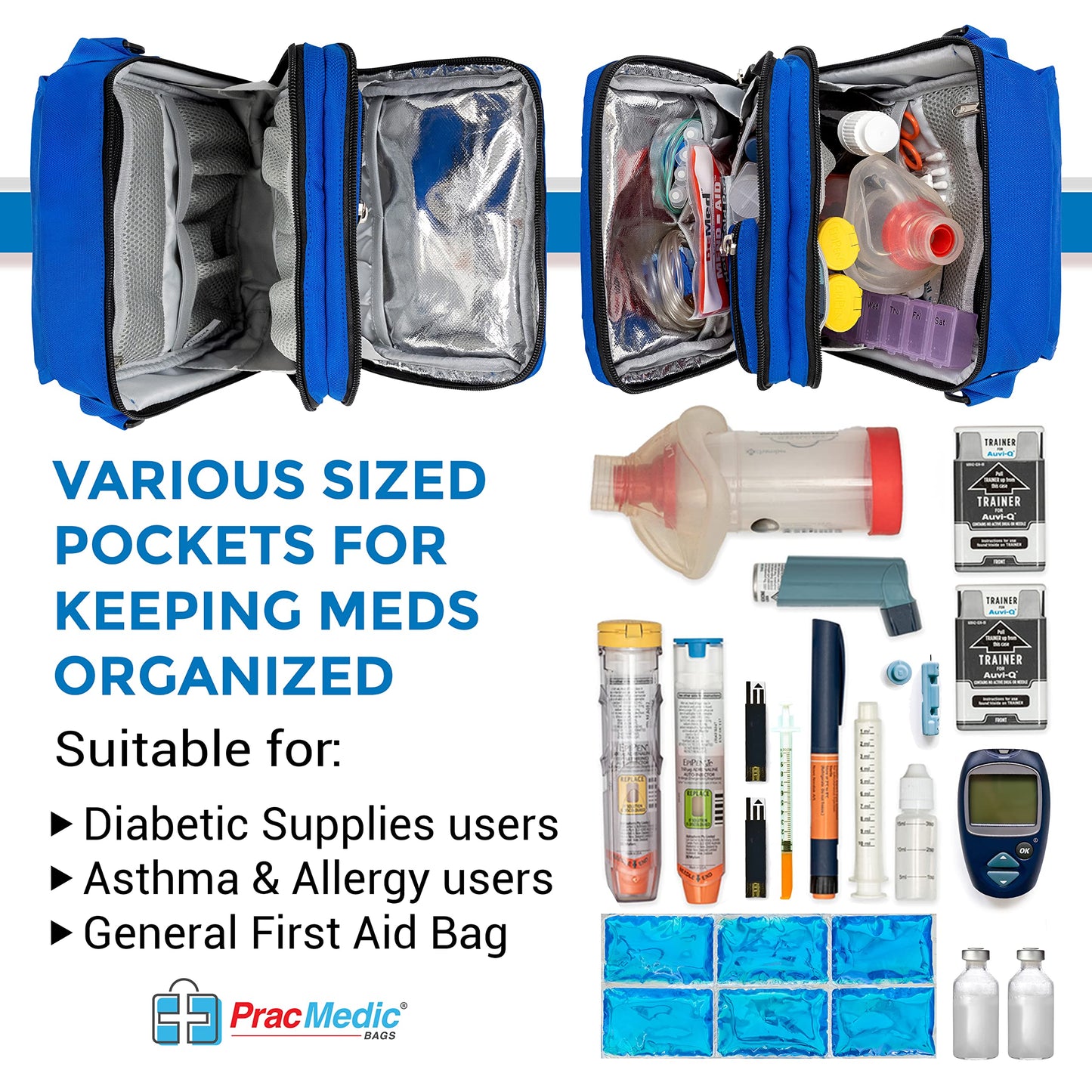 PracMedic Bags Travel Medicine Bag- First Aid Bags Empty or Epipen Carry Case for Insulin Pens, Pill Bottles, Diabetic Supply, Asthma Inhaler Spacer, Allergy Meds or First Aid Supplies (Red)