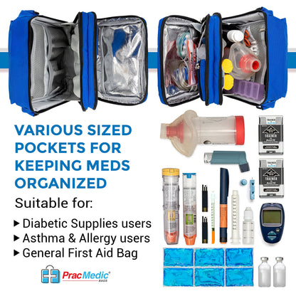 PracMedic Bags Travel Medicine Bag- First Aid Bags Empty or Epipen Carry Case for Insulin Pens, Pill Bottles, Diabetic Supply, Asthma Inhaler Spacer, Allergy Meds or First Aid Supplies (Red)