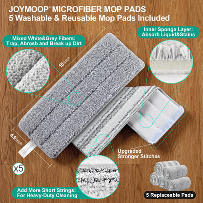 JOYMOOP Wischmopp und Eimer mit Auswringsystem, Freihand-Flachmopp und Eimer, mit 3 waschbaren Mikrofaserpads, Nass- und Trockengebrauch, Bodenreinigungssystem