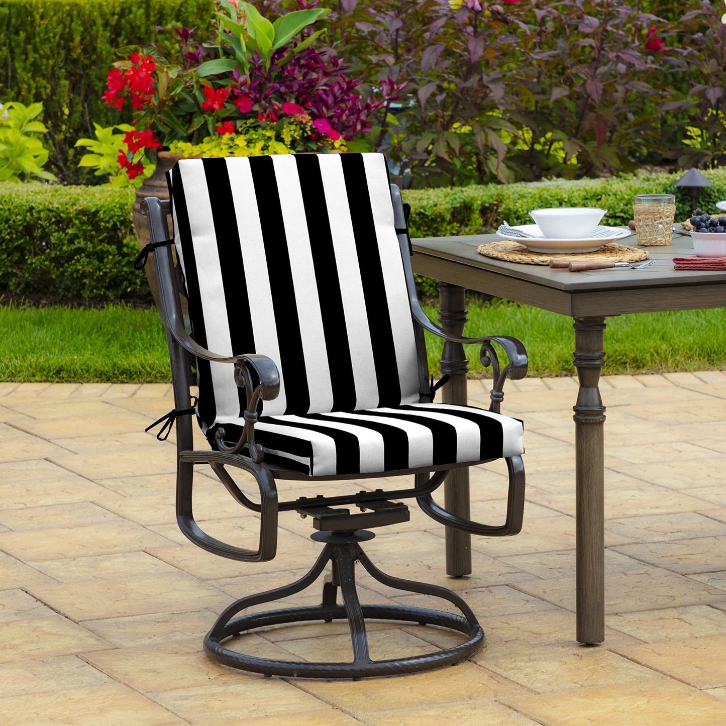 Arden 2-Pack Outdoor Patio Dining Chair Cushion, 20x44, Rain-Proof Seat Pad, Fade-Resistant Outdoor Cushion Black Cabana Stripe