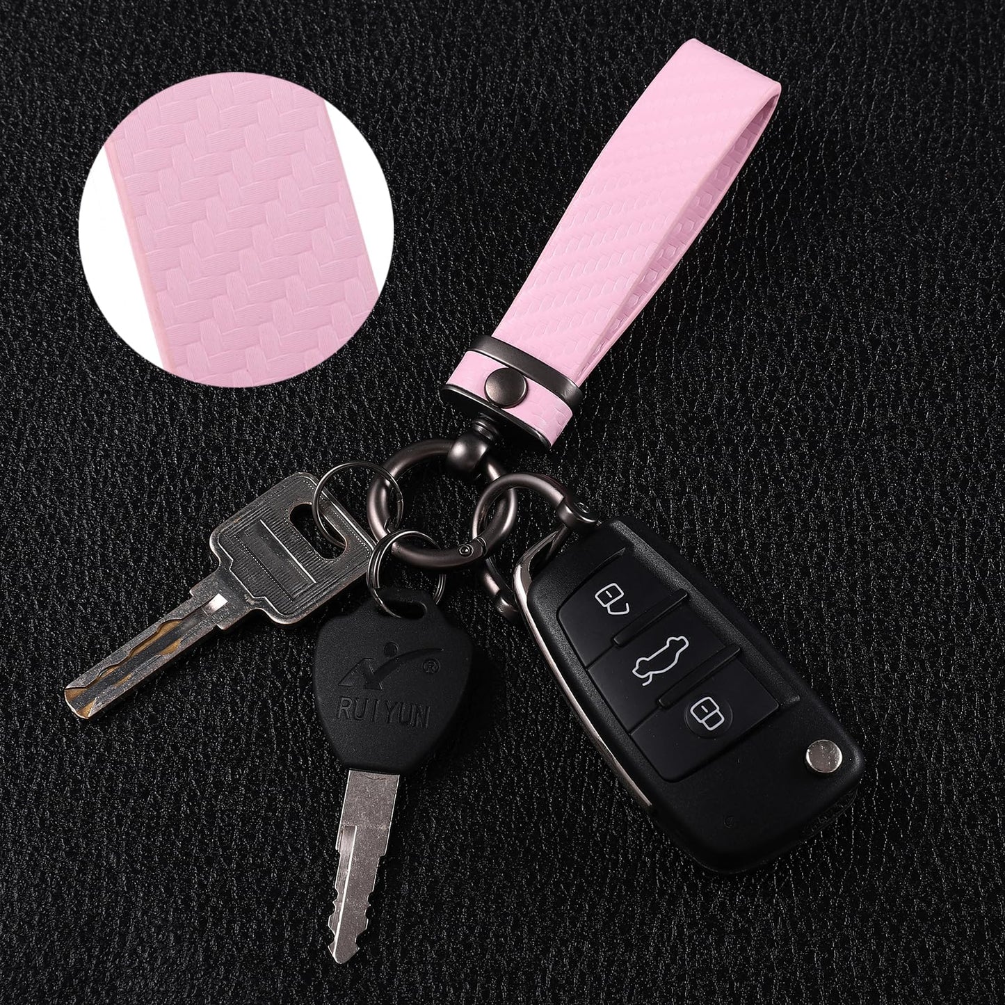 DEKEWEI Carbon Fiber Style Auto-Schlüsselanhänger aus Mikrofaser-Leder, universelle Schlüsselanhänger für Schlüssel-Fobs für Männer und Frauen, 360 Grad drehbar mit Anti-Verlust-D-Ring (Schwarz)