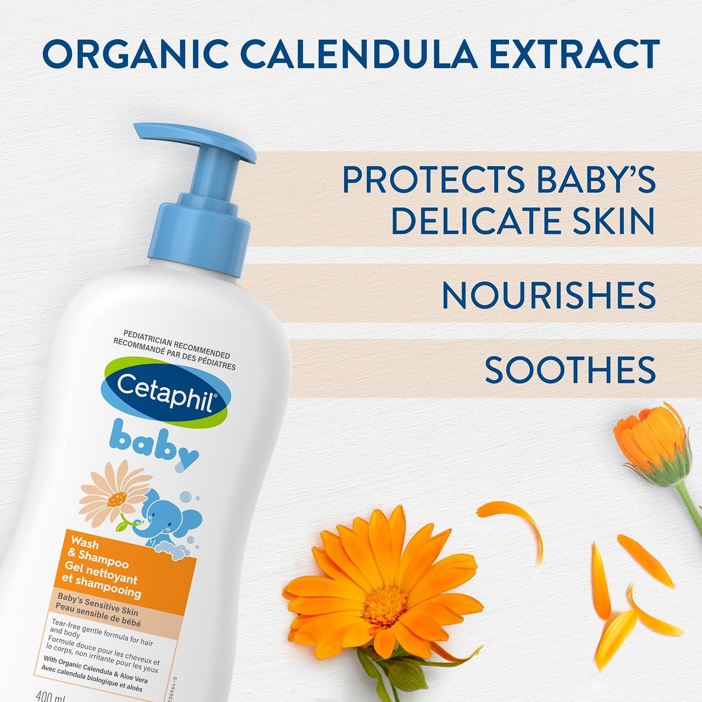 Cetaphil Baby Wasch & Shampoo mit Bio-Ringelblume – tränenfrei – ohne Parabene, Farbstoffe und Mineralöle – 400ml Pumpspender