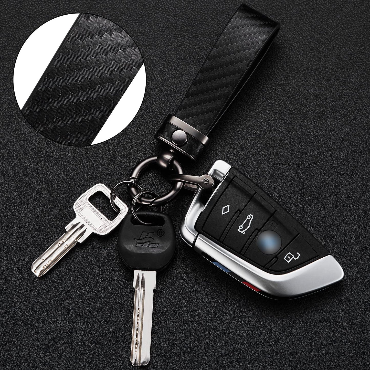 DEKEWEI Carbon Fiber Style Auto-Schlüsselanhänger aus Mikrofaser-Leder, universelle Schlüsselanhänger für Schlüssel-Fobs für Männer und Frauen, 360 Grad drehbar mit Anti-Verlust-D-Ring (Schwarz)