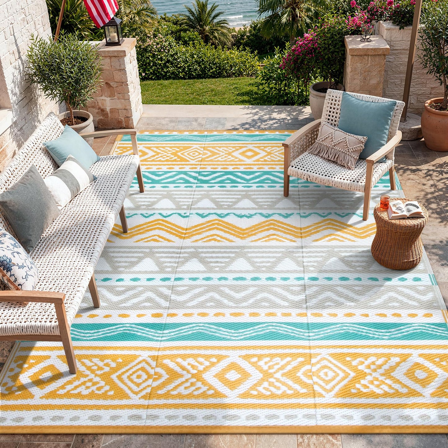 Lahome Outdoor Rugs 8x10 Waterproof, Reversible Outdoor Plastic Straw Rug for Camping Patio, RV Outdoor Rugs Outside, Outdoor Carpet for Porch Deck Backyard Picnic(Blue/Yellow,8'x 10')