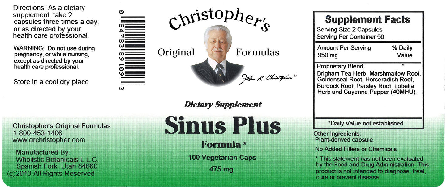 Christopher's Original Formulas Sinus Plus, Sinus Support Capsules, Whole Herb Synergistic Blend, 100 Count