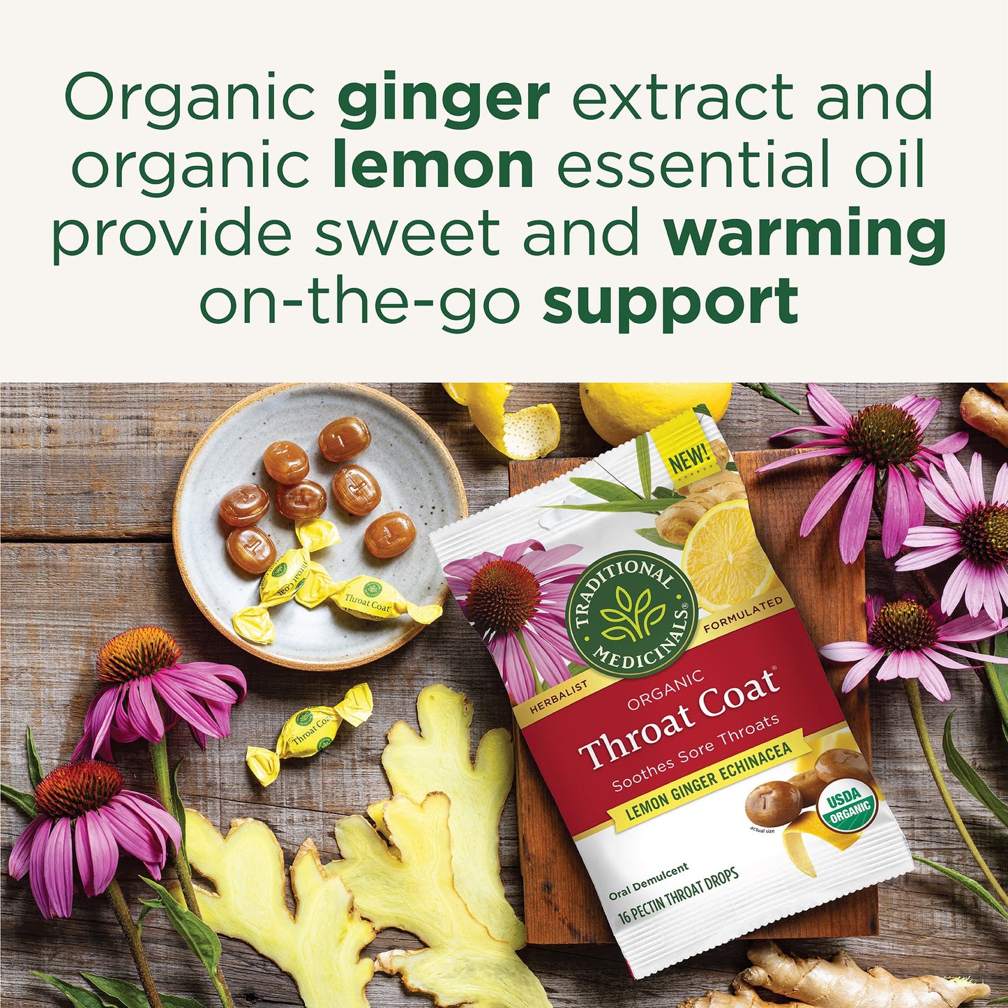 Traditional Medicinals Organic, Throat Coat Lozenges, Lemon Ginger Echinacea - Herbal Cough Drops, Helps Soothe Sore Throat - Non-GMO, Stimulant-Free - 16 Count (Pack of 12)
