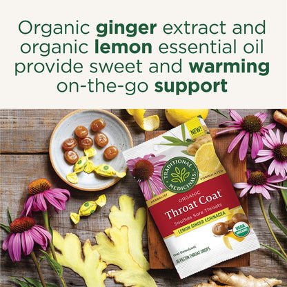 Traditional Medicinals Organic, Throat Coat Lozenges, Lemon Ginger Echinacea - Herbal Cough Drops, Helps Soothe Sore Throat - Non-GMO, Stimulant-Free - 16 Count (Pack of 12)