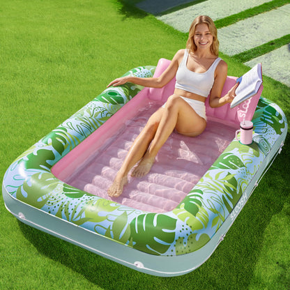 SLOOSH Inflatable Tanning Pool Lounger Float, 85" x 57" Extra Large Pool Floats Adult with Pillow, 4 in 1 Suntan Tub Raft Floatie,Sunbathing Bed Lounge for Water Blow Up Ball Pit Party Gifts, XL-Blue
