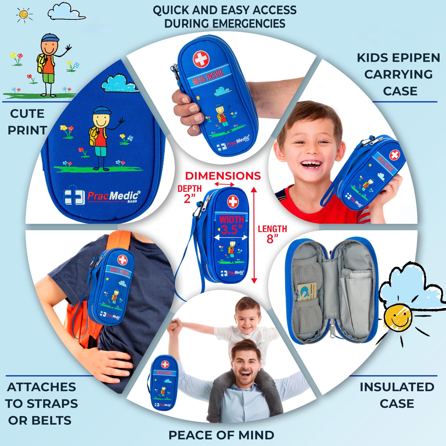PracMedic Bags Epipen Case - Epi pens Carrying Case- Medical Case for Kids - Insulated to hold Inhaler, Epi Pen, Auvi Q, Epinephrine, Allergies Medication - Medicine Bag for Traveling (Blue)