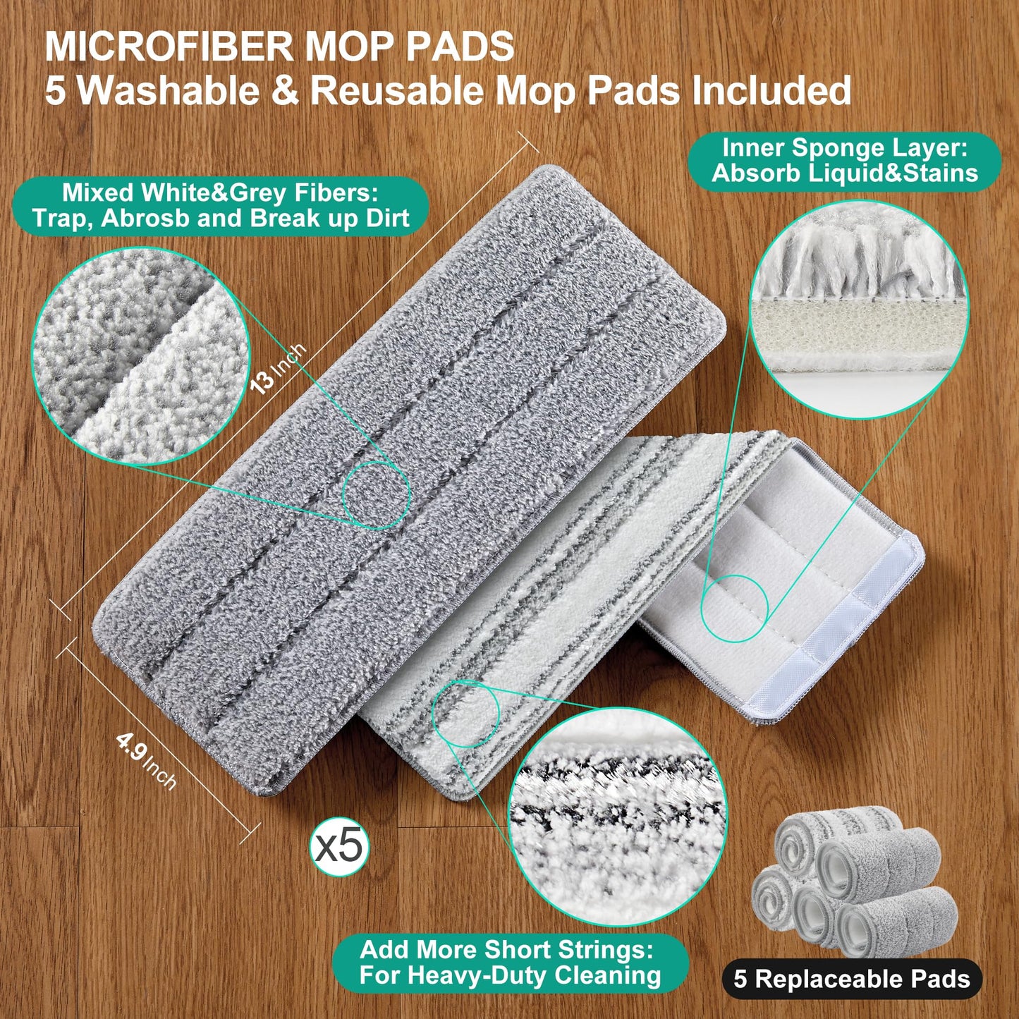JOYMOOP Wischmopp und Eimer mit Auswringsystem, Freihand-Flachmopp und Eimer, mit 3 waschbaren Mikrofaserpads, Nass- und Trockengebrauch, Bodenreinigungssystem
