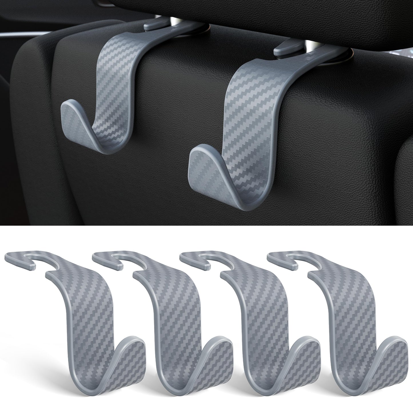 Amooca 4-Pack Car Headrest Hooks Vehicle Storage Organizer for Purses Handbags Groceries Backpack Coats –Holds 55lbs 360° Rotating Black