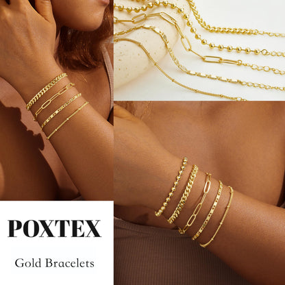 Goldarmbänder für Frauen Stapel Nicht Anlaufen, 14K Vergoldete Stapelbare Armbänder Set für Frauen Trendy, Wasserdicht Einfacher Schmuck Sets Geschenke Inklusive Perlen-/Kuban-/Büroklammer-/Fischgräten-/Seilglieder-Kette, Modeaccessoires