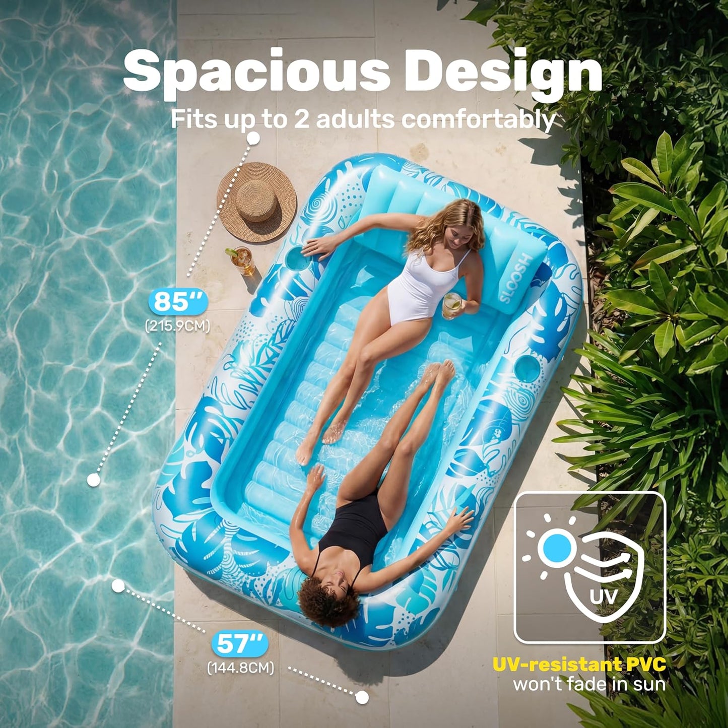 SLOOSH Inflatable Tanning Pool Lounger Float, 85" x 57" Extra Large Pool Floats Adult with Pillow, 4 in 1 Suntan Tub Raft Floatie,Sunbathing Bed Lounge for Water Blow Up Ball Pit Party Gifts, XL-Blue