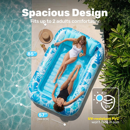 SLOOSH Inflatable Tanning Pool Lounger Float, 85" x 57" Extra Large Pool Floats Adult with Pillow, 4 in 1 Suntan Tub Raft Floatie,Sunbathing Bed Lounge for Water Blow Up Ball Pit Party Gifts, XL-Blue