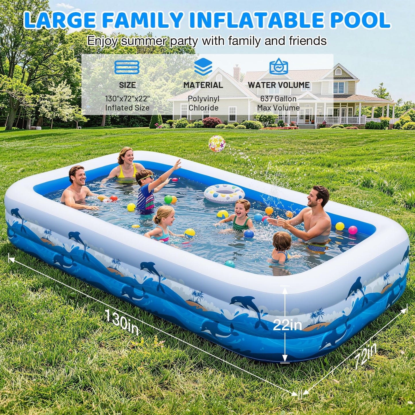 Extra Large Inflatable Pool for Adults & Kids, Family Size Blow Up Pool 165" x 76" x 22", Thickened PVC Swimming Pool with Electric Pump for Backyard Parties, Summer Fun & Outdoor Play