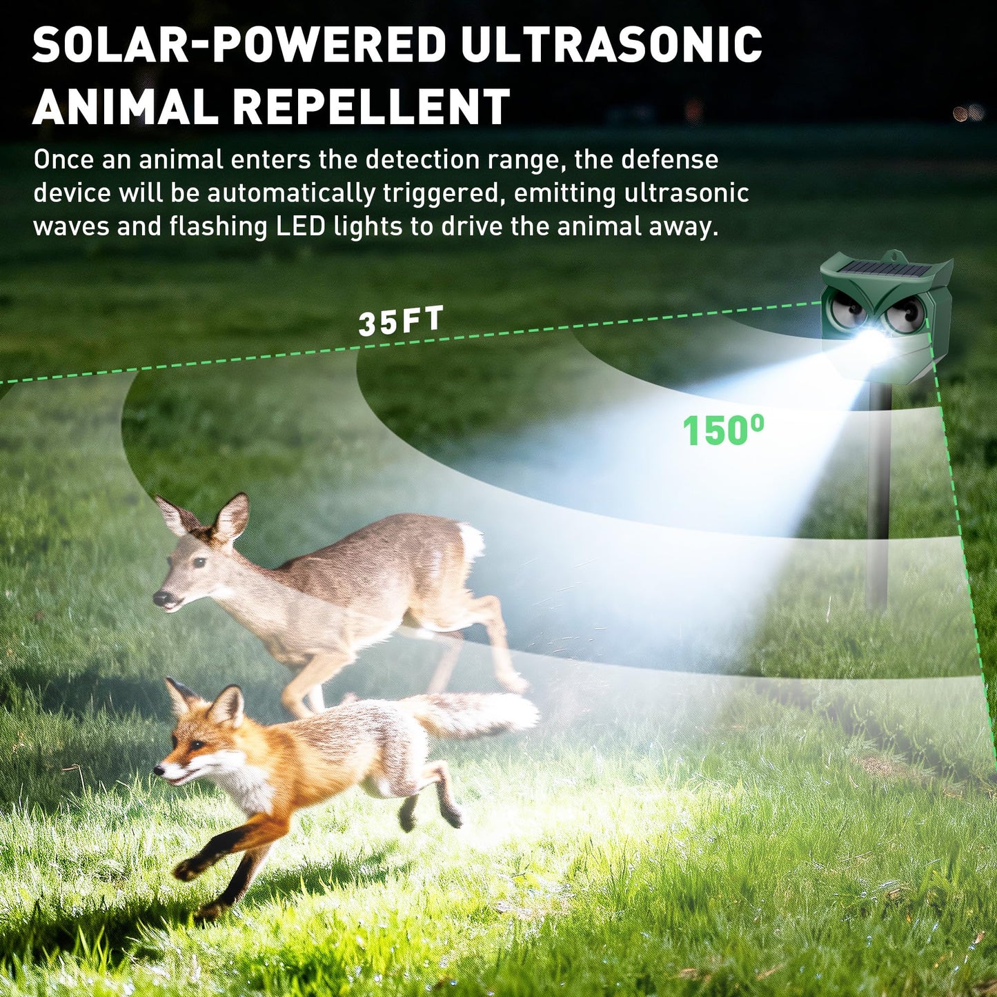 4 Pack Ultrasonic Animal Repeller with LED Strobe Lights - Outdoor Solar Powered for Squirrels, Deer, Raccoons, Rabbits, Skunks, Cats, Dogs - Protects Garden, Yard, Lawn, Farm & Crops
