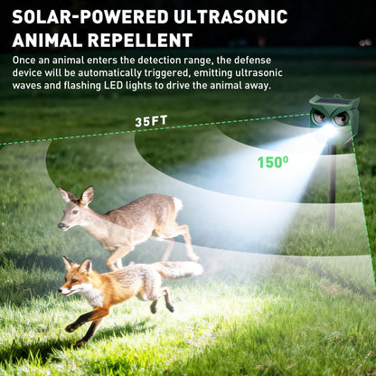 4 Pack Ultrasonic Animal Repeller with LED Strobe Lights - Outdoor Solar Powered for Squirrels, Deer, Raccoons, Rabbits, Skunks, Cats, Dogs - Protects Garden, Yard, Lawn, Farm & Crops