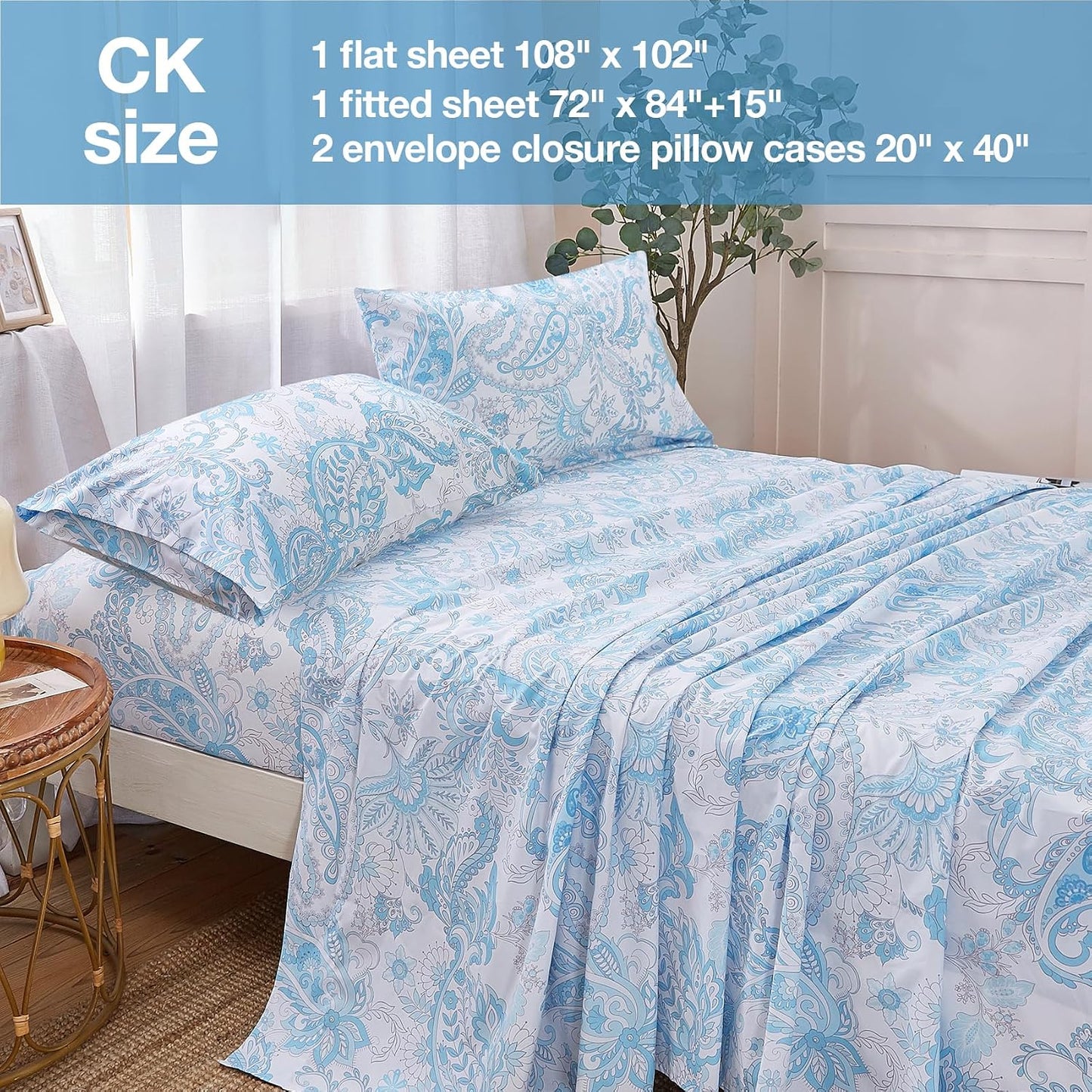 JSD 4 Piece Ice Blue Paisley Floral Sheet Set California King Review