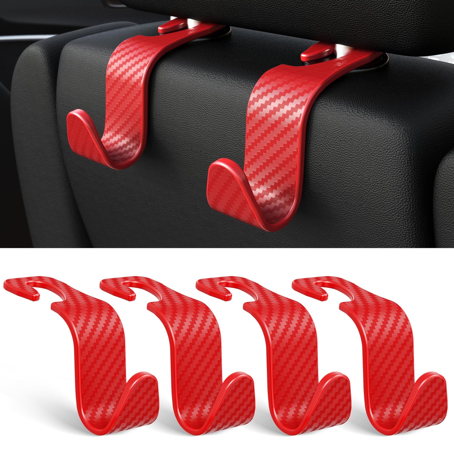 Amooca 4-Pack Car Headrest Hooks Vehicle Storage Organizer for Purses Handbags Groceries Backpack Coats –Holds 55lbs 360° Rotating Black