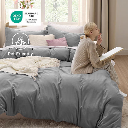 Funda nórdica blanca Bedsure, tamaño Queen, 3 piezas, aspecto de algodón prelavado, juego de cama extrasuave, incluye 1 funda nórdica de 228 x 228 cm con cierre de cremallera y 2 fundas de almohada, edredón no incluido