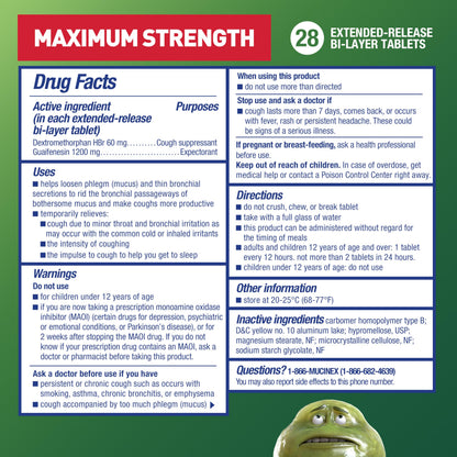 Mucinex DM Maximum Strength Cough Suppressant & Expectorant Tablets, 28ct - 1200mg Guaifenesin (Pack of 2)