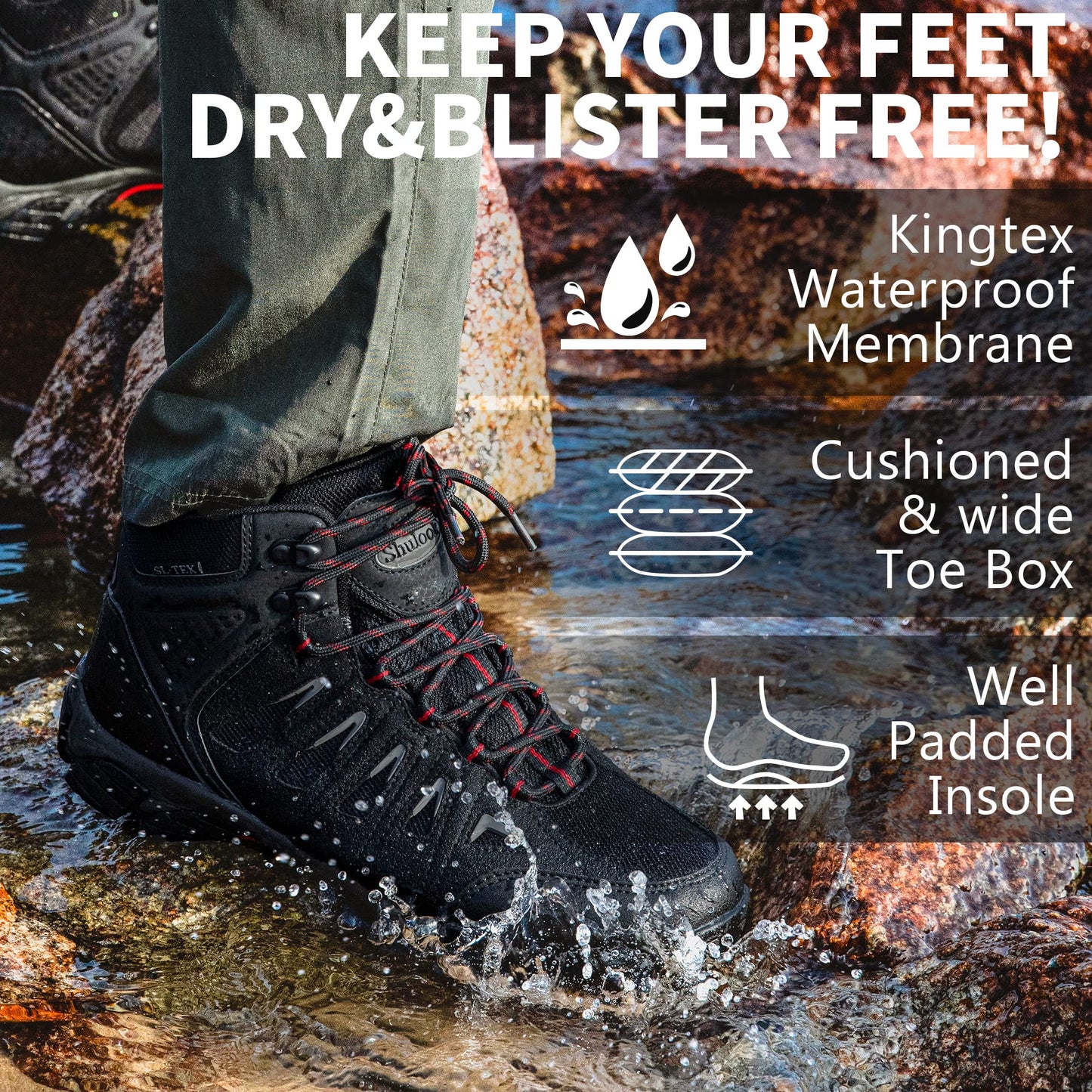 SHULOOK Men's Waterproof Hiking Boots Non-Slip Lightweight Mid Top Ankle Boot Breathable Hiker Trekking Shoes