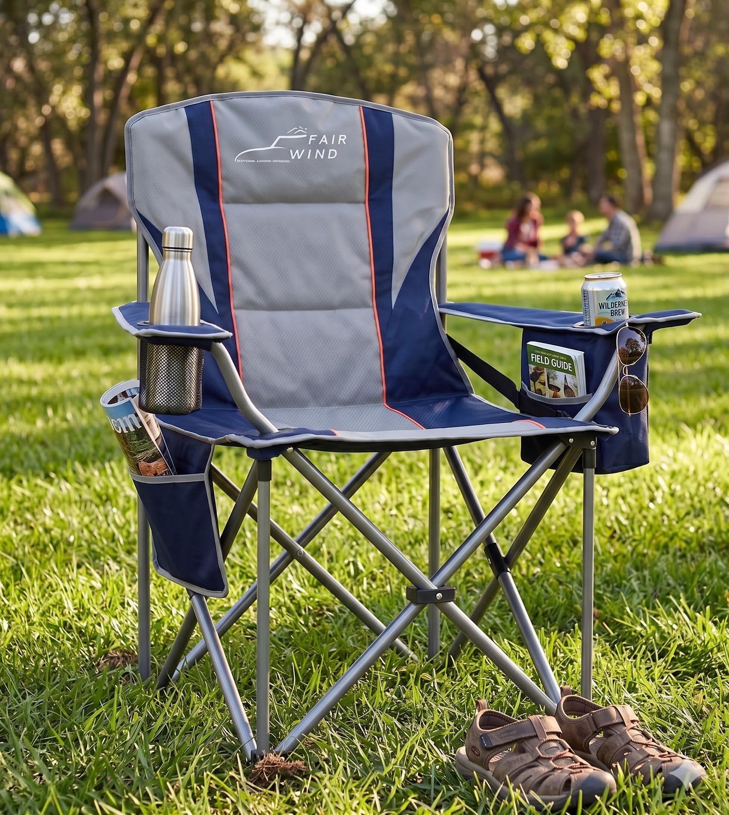 FAIR WIND Padded Camping Chair 500LBS Capacity Heavy Duty Oversized Folding Chair for Heavy People Portable Lawn Chair with Adjustable Lumbar Support, Cooler Bag & Cup Holder for Outdoor, Beach
