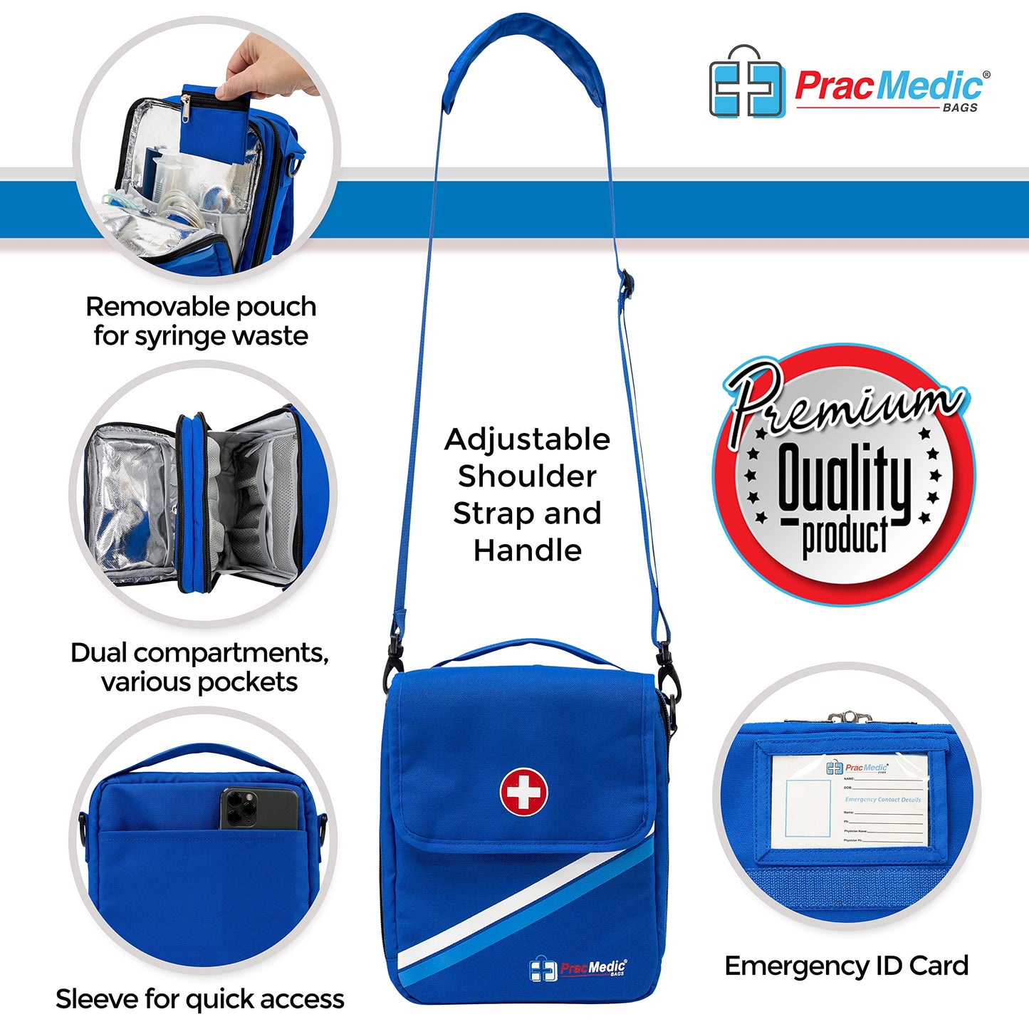 PracMedic Bags Travel Medicine Bag- First Aid Bags Empty or Epipen Carry Case for Insulin Pens, Pill Bottles, Diabetic Supply, Asthma Inhaler Spacer, Allergy Meds or First Aid Supplies (Red)