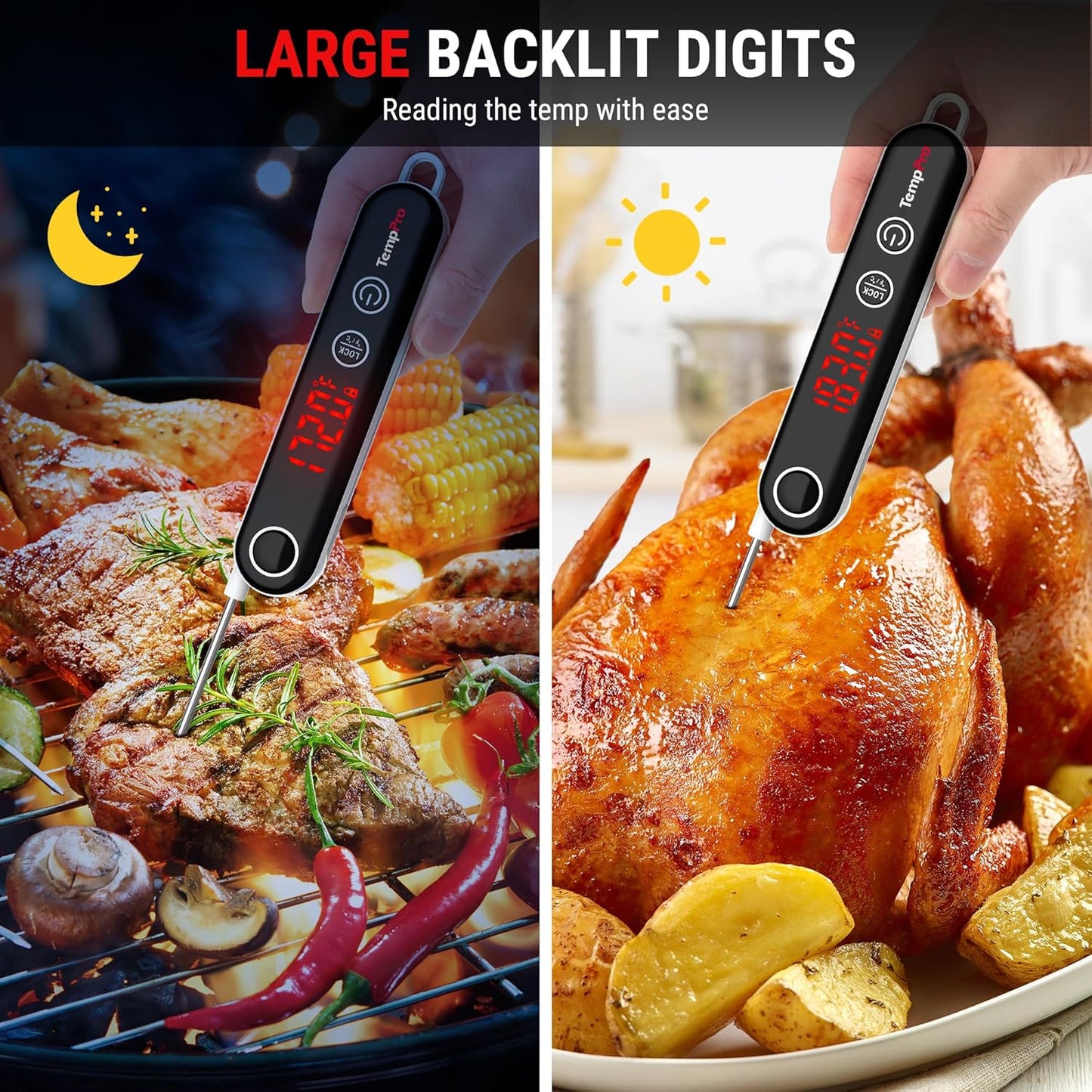 TempPro Digitales Sofortablese-Fleischthermometer zum Grillen, wasserdichtes Küchen-Lebensmittelthermometer mit Kalibrierfunktion und Hintergrundbeleuchtung, zum Backen von Brot, Süßigkeiten, Kochwerkzeug, Utensilien (zuvor ThermoPro)