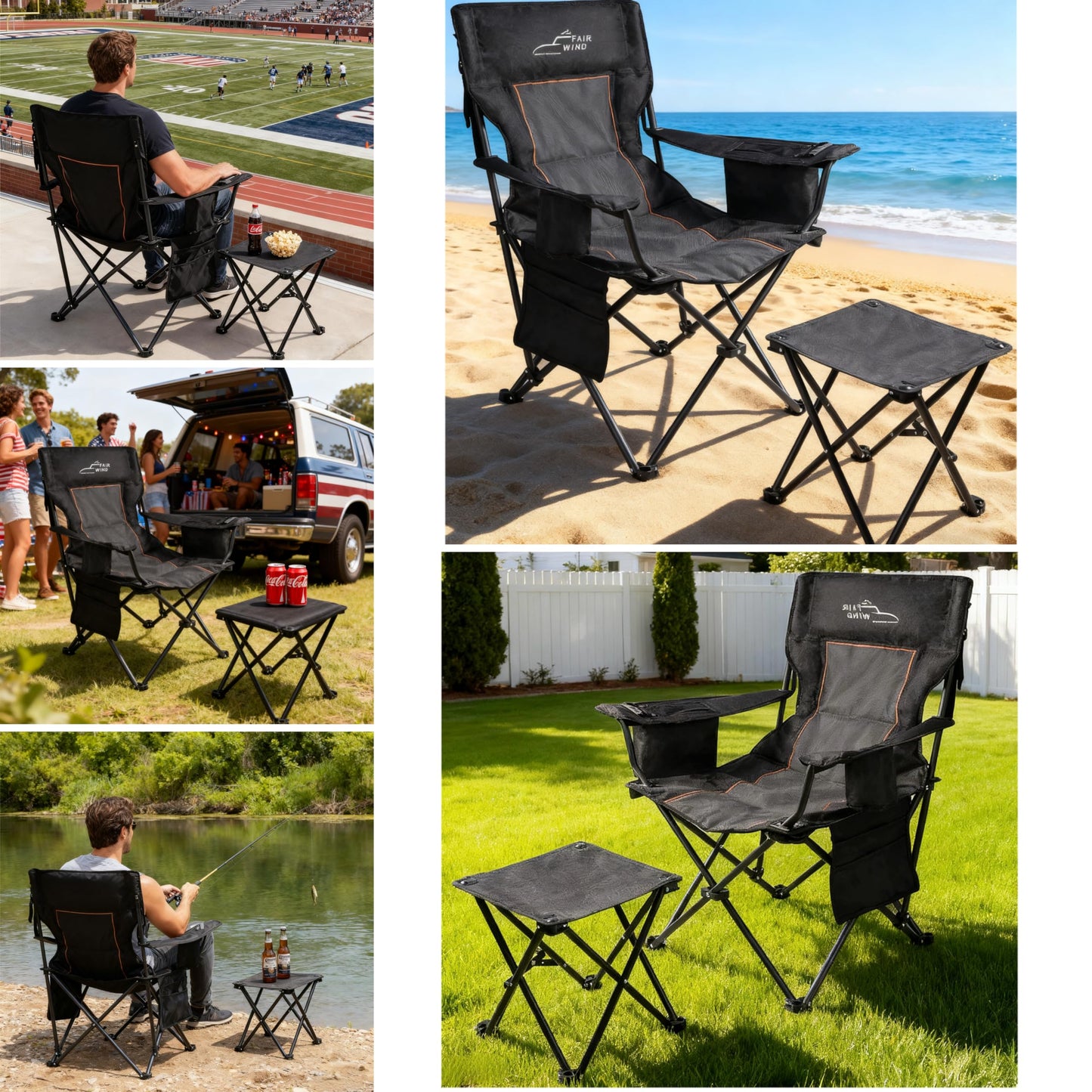 FAIR WIND Padded Camping Chair 500LBS Capacity Heavy Duty Oversized Folding Chair for Heavy People Portable Lawn Chair with Adjustable Lumbar Support, Cooler Bag & Cup Holder for Outdoor, Beach