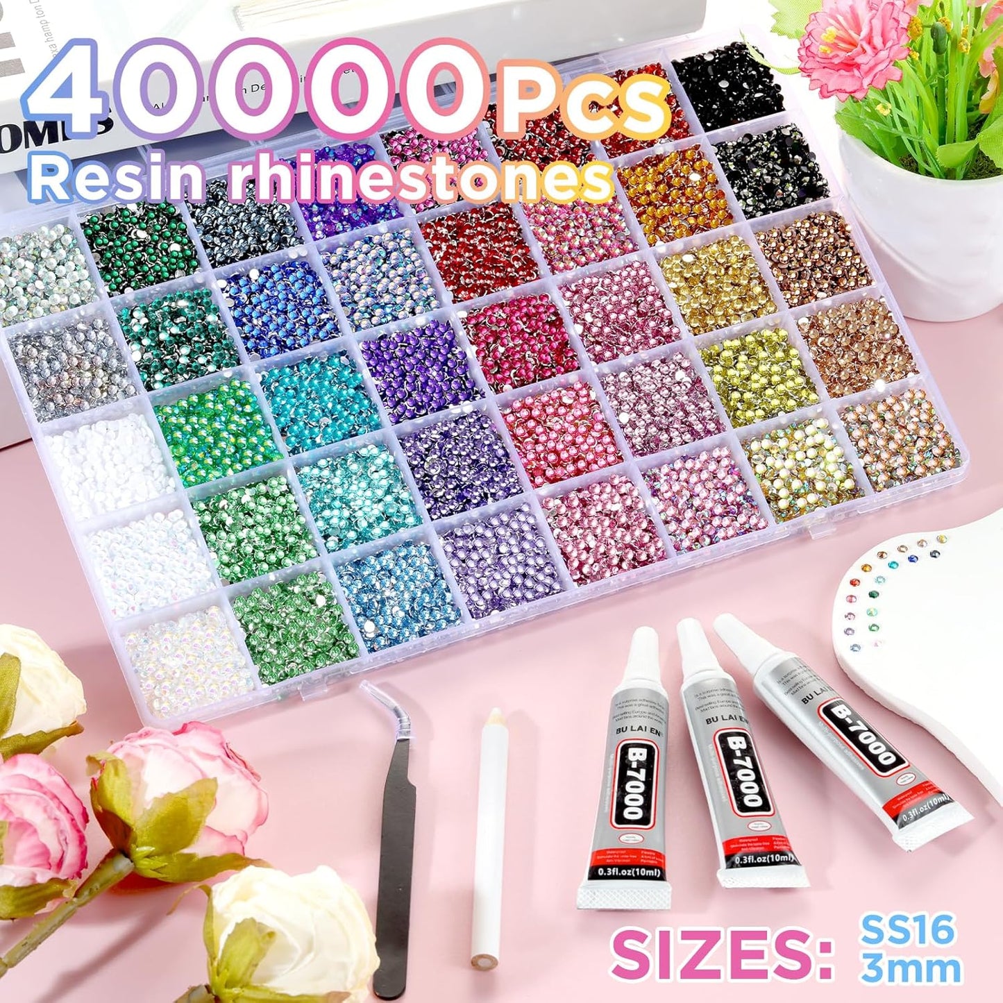 Zefy 40 Colors Resin Jelly Rhinestones for Bedazzling, 3mm 32000 Pcs Flatback Gems for Crafting, Bedazzling Kit with 3Pcs B7000 Glue for Clothing Shoes Nail Book Diamond Art