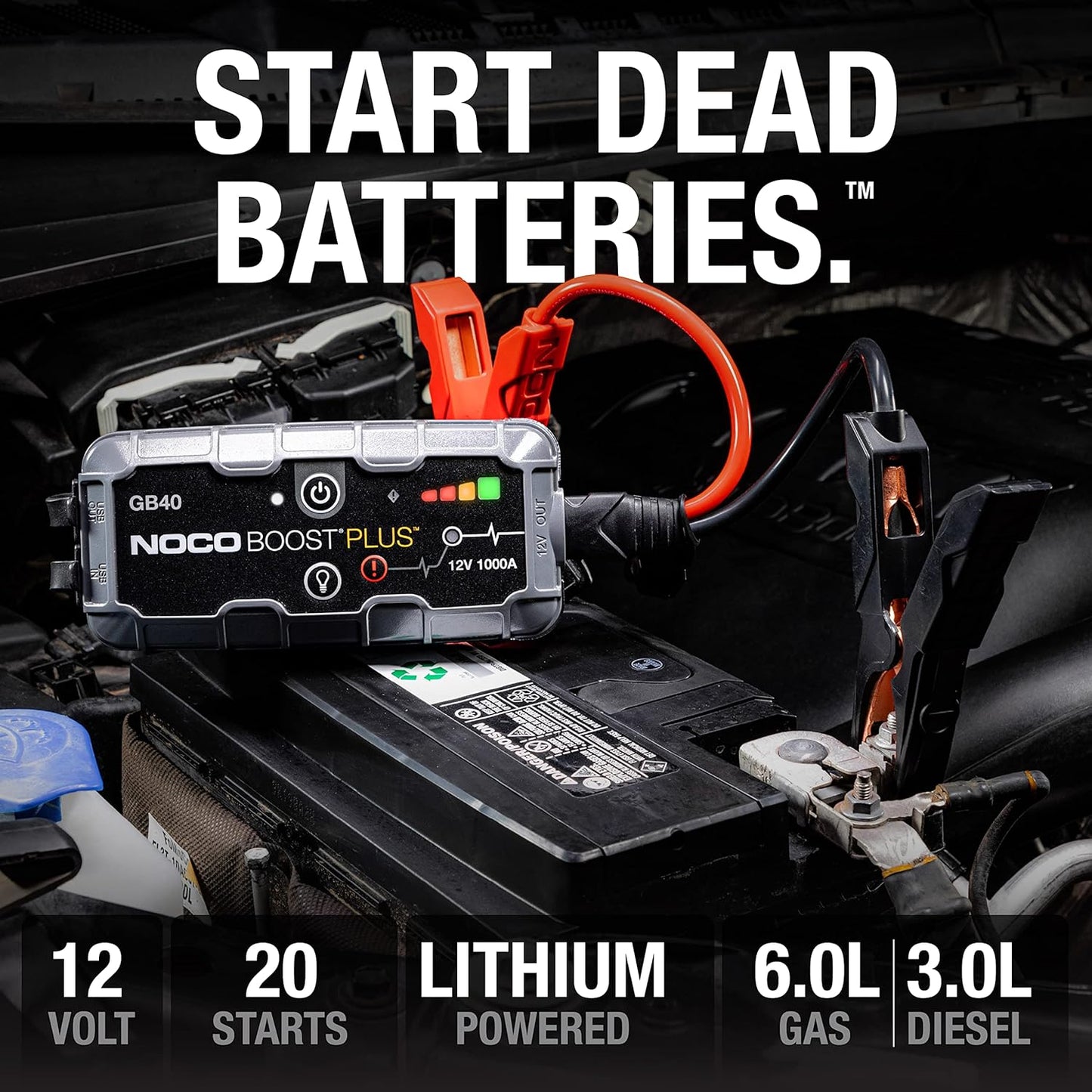 NOCO Boost GB40: 1000A UltraSafe Jump Starter – 12V Lithium Battery Booster Pack, Portable Jump Box, Power Bank & Jumper Cables - for 6.0L Gas and 3.0L Diesel Engines | Spark-Proof + Reverse Polarity Protection - Power Bank - 100-Lumen LED Flashlight - Fo