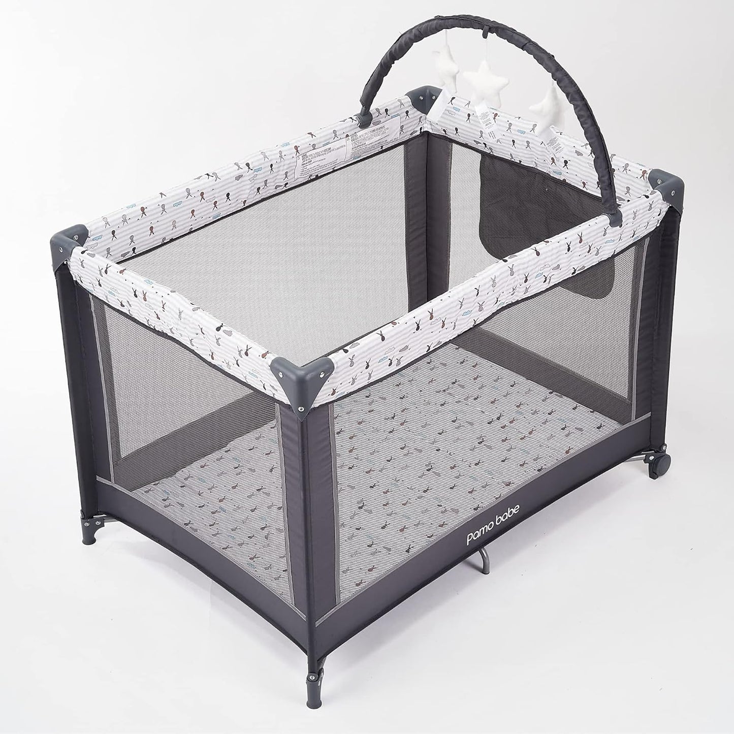 Pamo Babe Tragbarer Baby-Laufstall, leichtes Reisebett mit Matratze und Rollen (Hase)