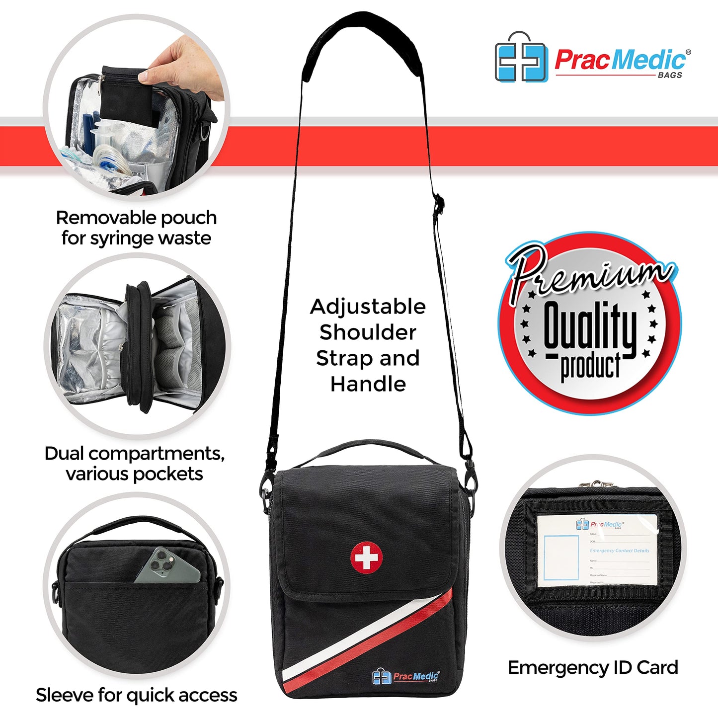 PracMedic Bags Travel Medicine Bag- First Aid Bags Empty or Epipen Carry Case for Insulin Pens, Pill Bottles, Diabetic Supply, Asthma Inhaler Spacer, Allergy Meds or First Aid Supplies (Red)