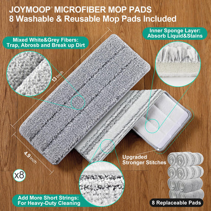 JOYMOOP Wischmopp und Eimer mit Auswringsystem, Freihand-Flachmopp und Eimer, mit 3 waschbaren Mikrofaserpads, Nass- und Trockengebrauch, Bodenreinigungssystem