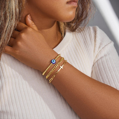 Goldarmbänder für Frauen Stapel Nicht Anlaufen, 14K Vergoldete Stapelbare Armbänder Set für Frauen Trendy, Wasserdicht Einfacher Schmuck Sets Geschenke Inklusive Perlen-/Kuban-/Büroklammer-/Fischgräten-/Seilglieder-Kette, Modeaccessoires