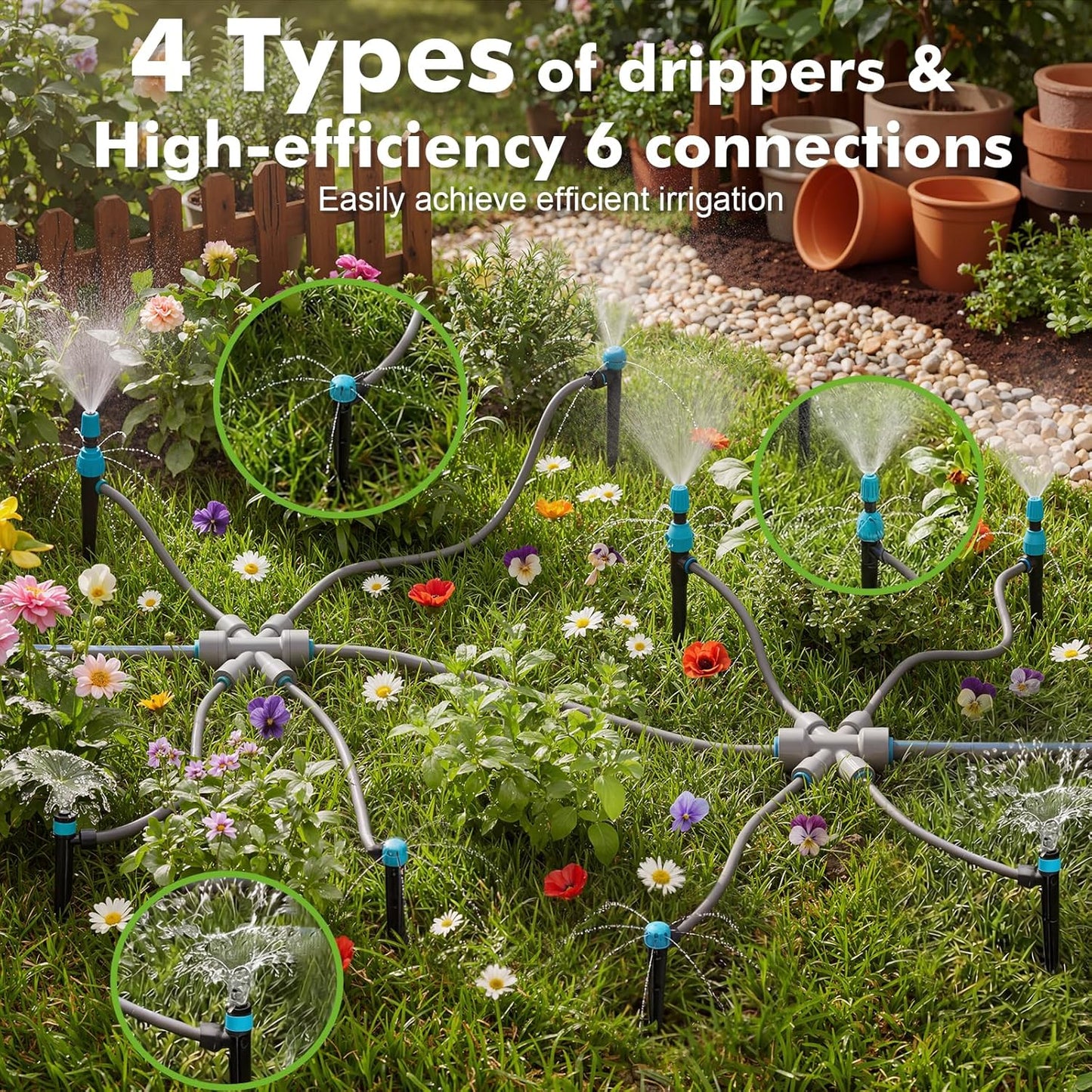 172FT Drip Irrigation System Kit with 2 Zone Water Timer,1/2" High-Flow Mainline Automatic Watering System,26PCS 360°Adjustable Nozzles,6-Way Fast-Plug Irrigation Kit for Agricultural Yard,Lawn