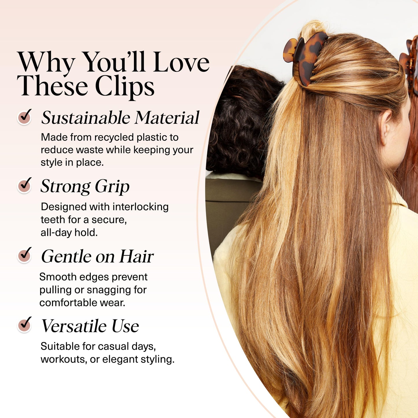 Kitsch Mittelgroße Haarspangen für Damen, starker Halt, Haarclips aus recyceltem Kunststoff für dickes Haar | Ideal für Hochsteckfrisuren, halb offene Frisuren | Ideale Geschenke für Frauen – 2 Stück, Schwarz und Schildpatt