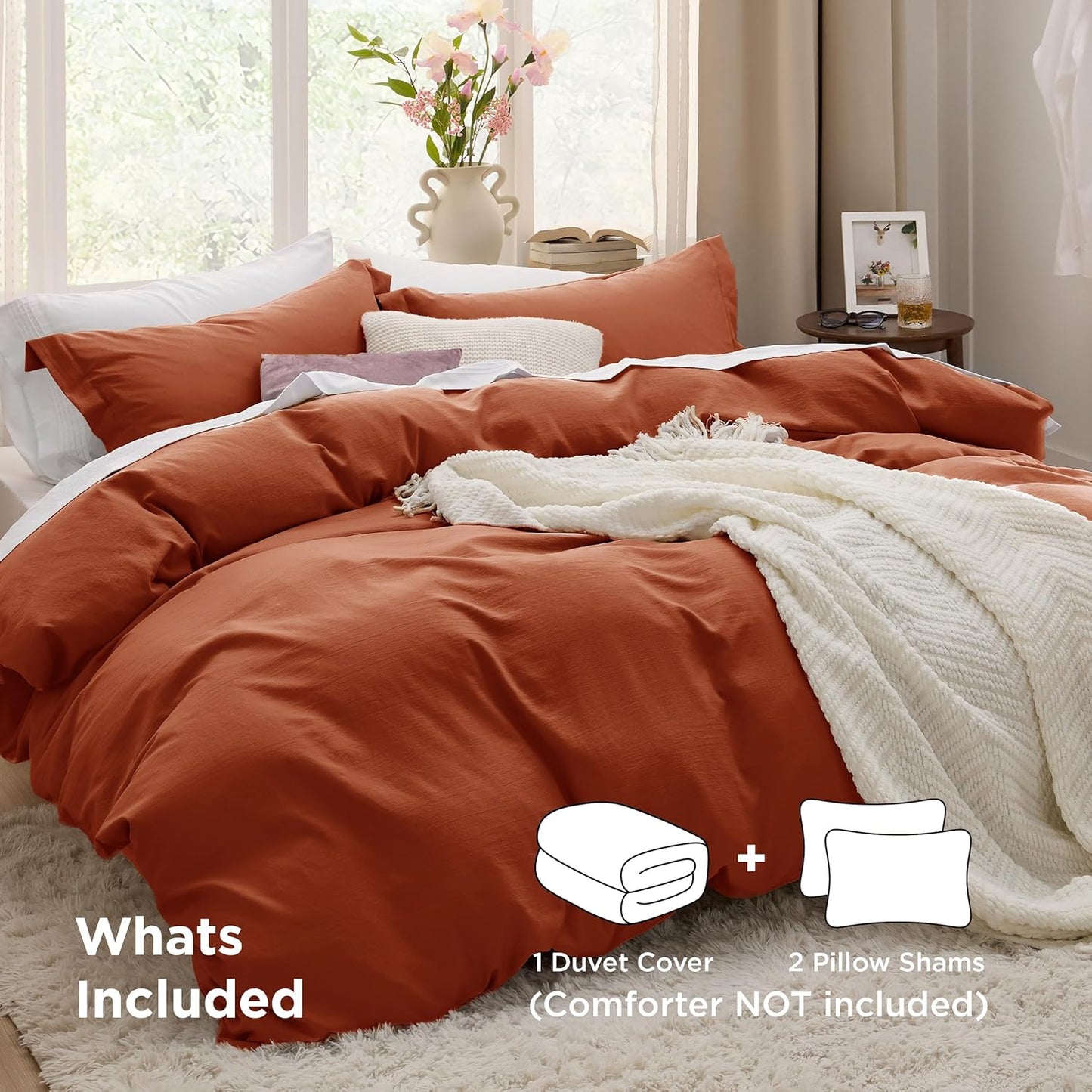 Funda nórdica blanca Bedsure, tamaño Queen, 3 piezas, aspecto de algodón prelavado, juego de cama extrasuave, incluye 1 funda nórdica de 228 x 228 cm con cierre de cremallera y 2 fundas de almohada, edredón no incluido