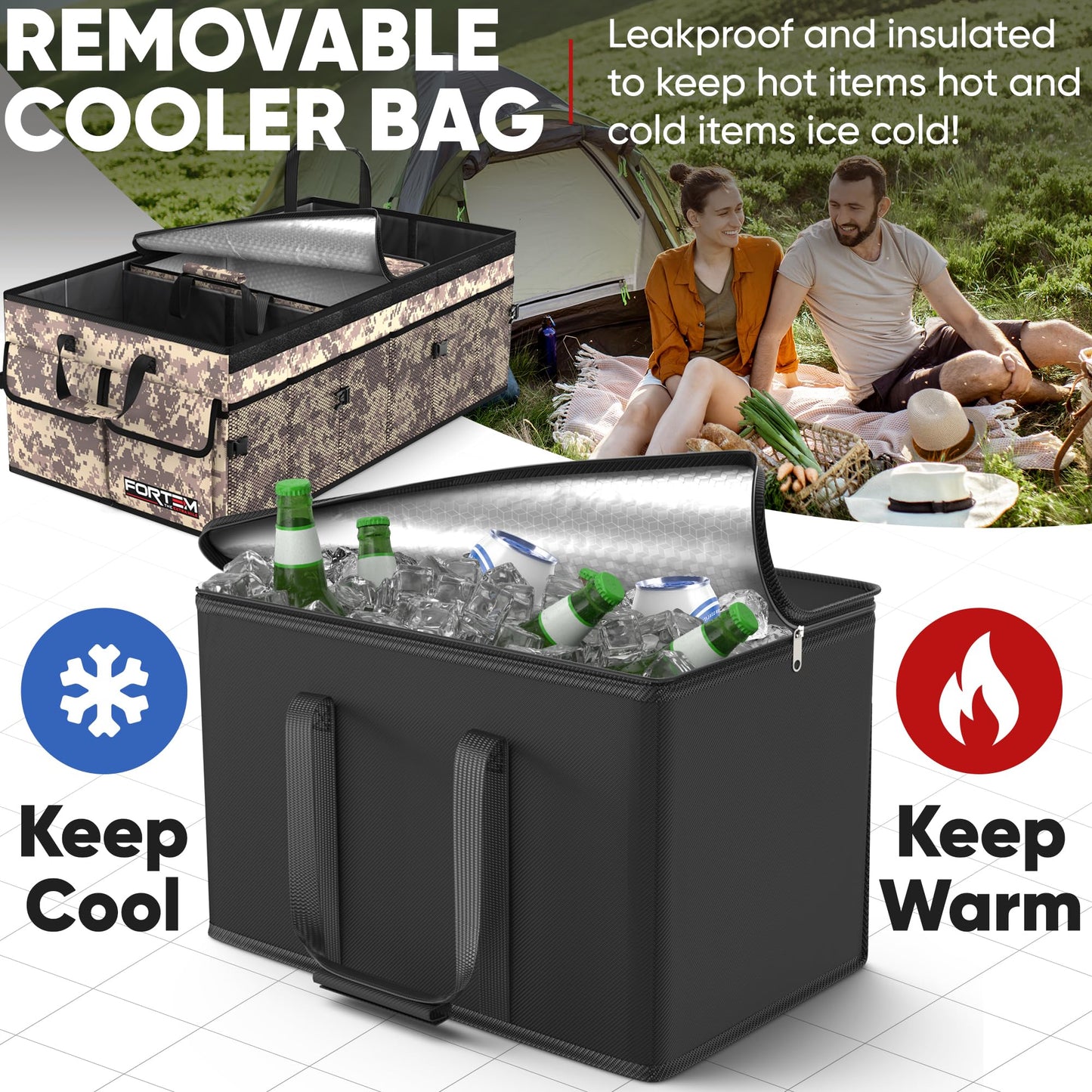 FORTEM Car Trunk Organizer, Collapsible Multi Compartment Car Organizer, Foldable SUV Storage for Car Accessories for Women Men, Non Slip Bottom, Securing Straps, Soft Cover 50L (Black, Standard)